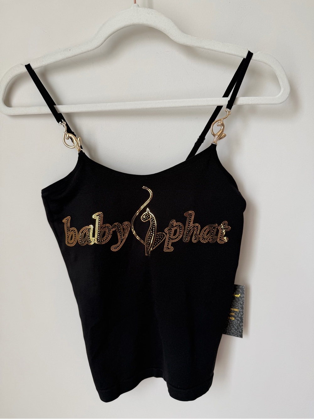 Baby Phat Black gold sequins Logo seamless Tank Top with gold cat strap detail